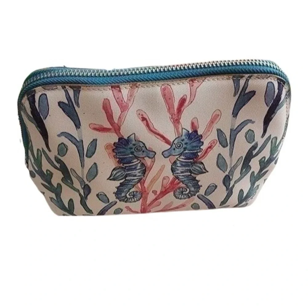 Brighton Seahorse Coastal Coated Canvas Cosmetic Pouch Makeup Bag Blue Pink‎